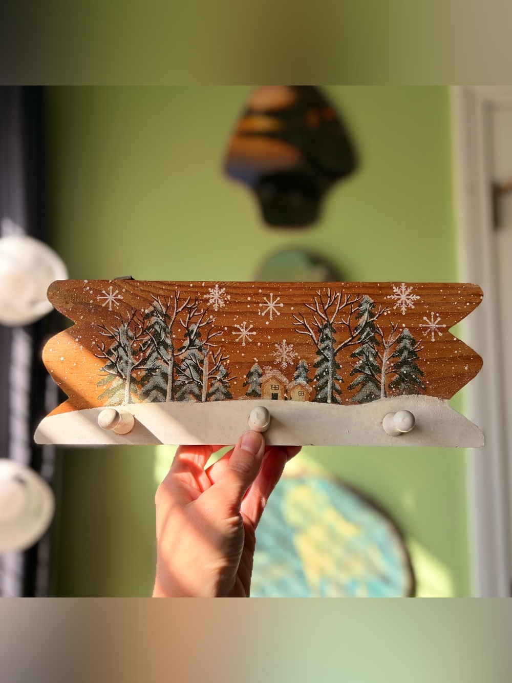 Hand-Painted Winter Cabin Between Trees Wall Hook Rack Rustic Vintage Piece
